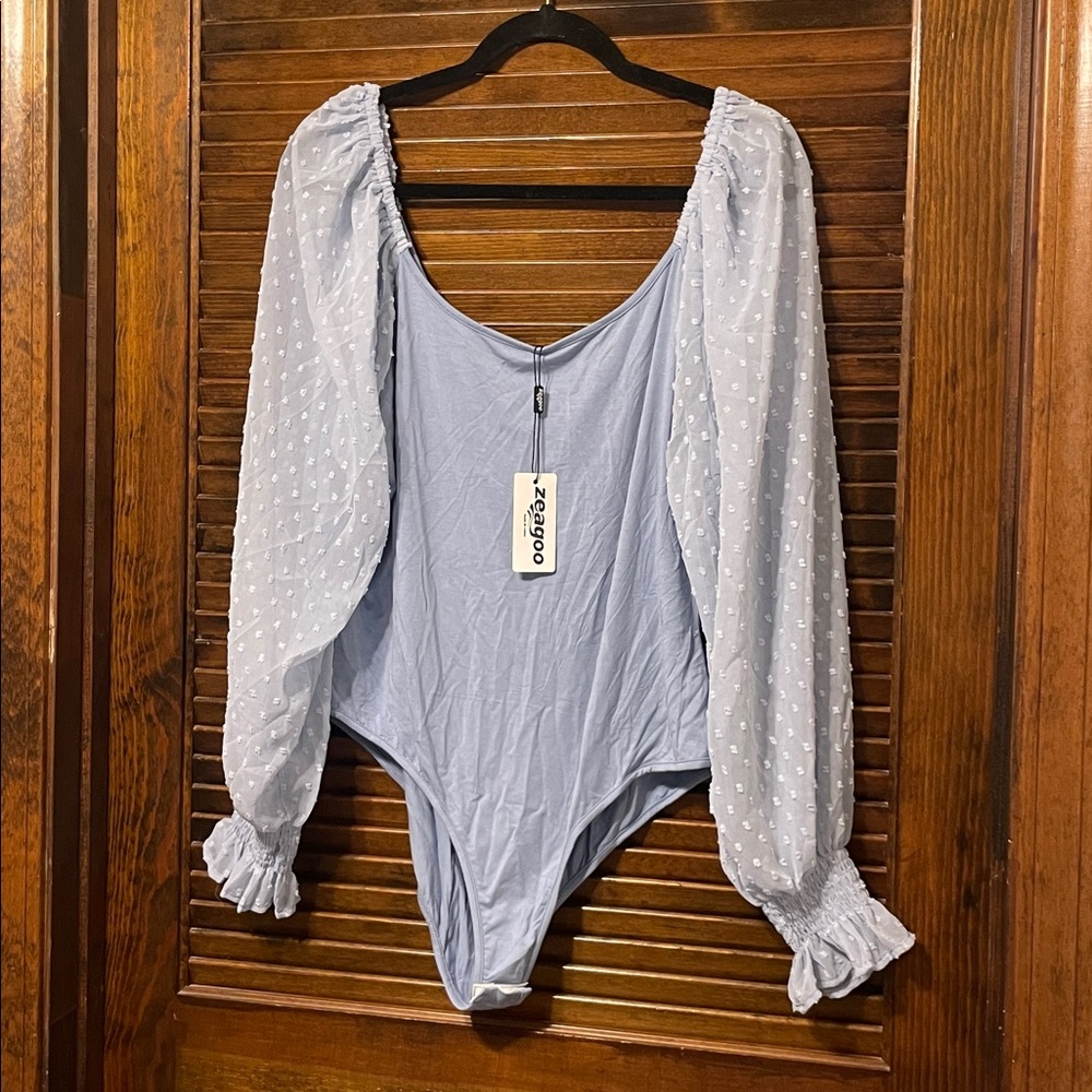 NWT Zeagoo Blue Swiss Dot Long Sleeve Bodysuit - Picture 3 of 7